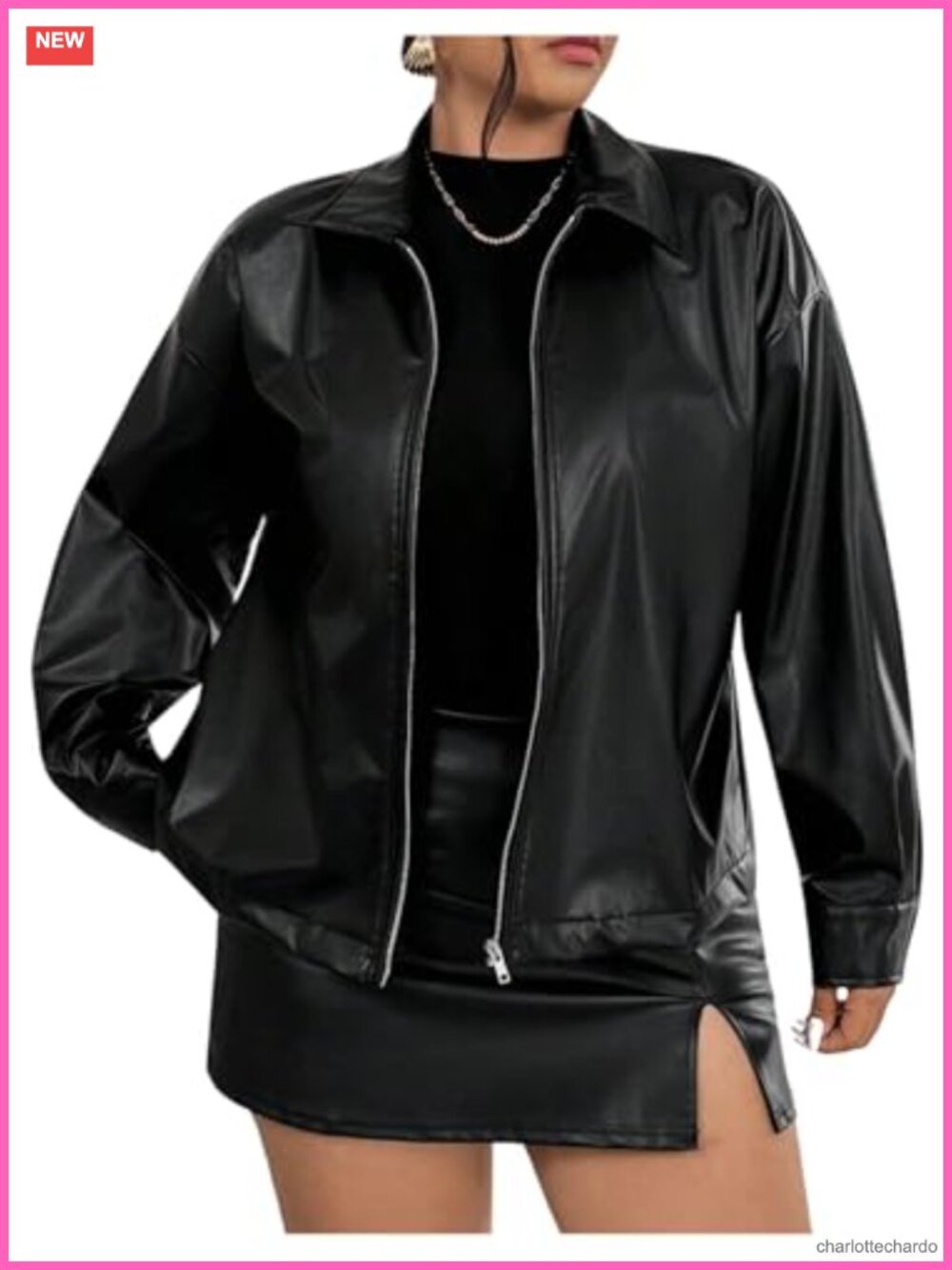 Faux Leather Zip Up Bomber Jacket Moto Plus Size Women's